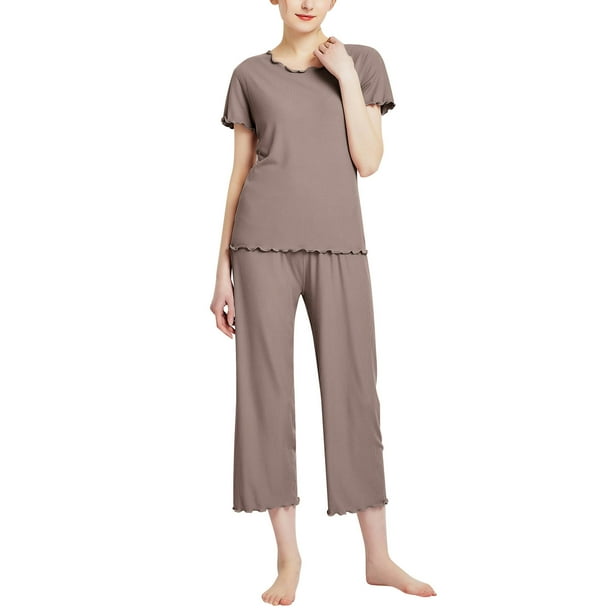 Gibobby Pijamas para mujer Camiseta informal de manga corta con cuello redondo para mujer con dobladillo festoneado diseno de Color solido ropa para el Cafe G Walmart en linea