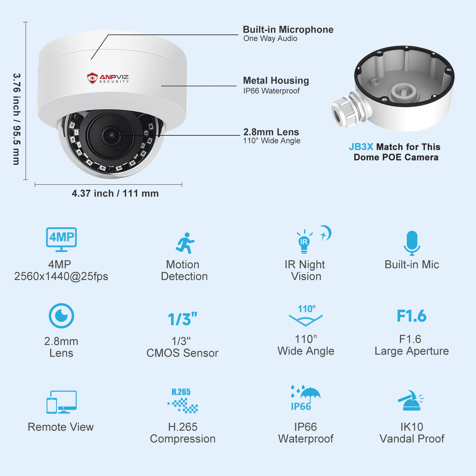 Anpviz 4MP PoE IP Dome Camera with Microphone/Audio, IP Security Camera Outdoor /Indoor, 98ft Night Vision, IP66 Waterproof, 2.8mm Wide Angle Lens, 24/7 Recording