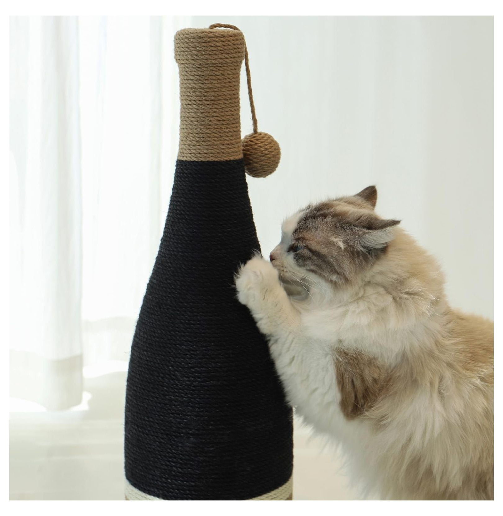 Cat Scratching Post, Premium Cat Scratching Board, Sisal Fiber Cat Scratcher-24.8 Inches with Hanging Ball, Red Wine Bottle Simple Design-Suitable Indoor Small and Medium Cats (24.8 in, Wooden Base)