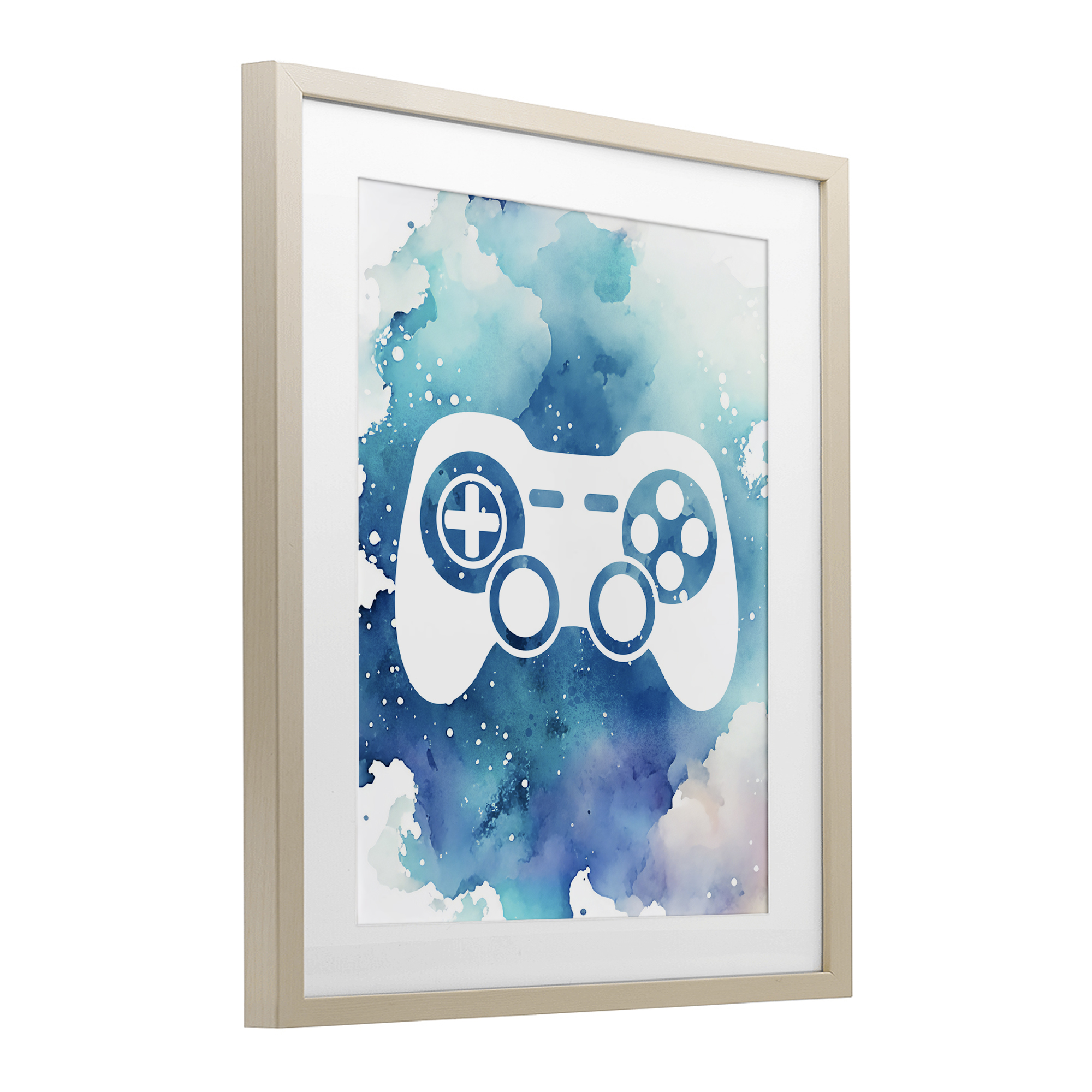 Blue Controller Splatter Birch Framed Print Under Glass, design by Marcus Prime