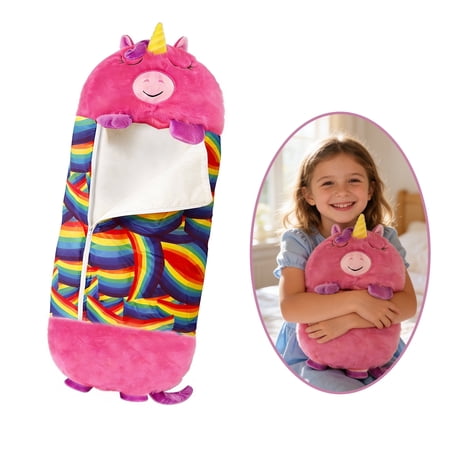 Kids Unicorn Sleeping Bag with Pillow - 2-in-1 Foldable, All Seasons, Soft & Warm (45"x19")-Pink