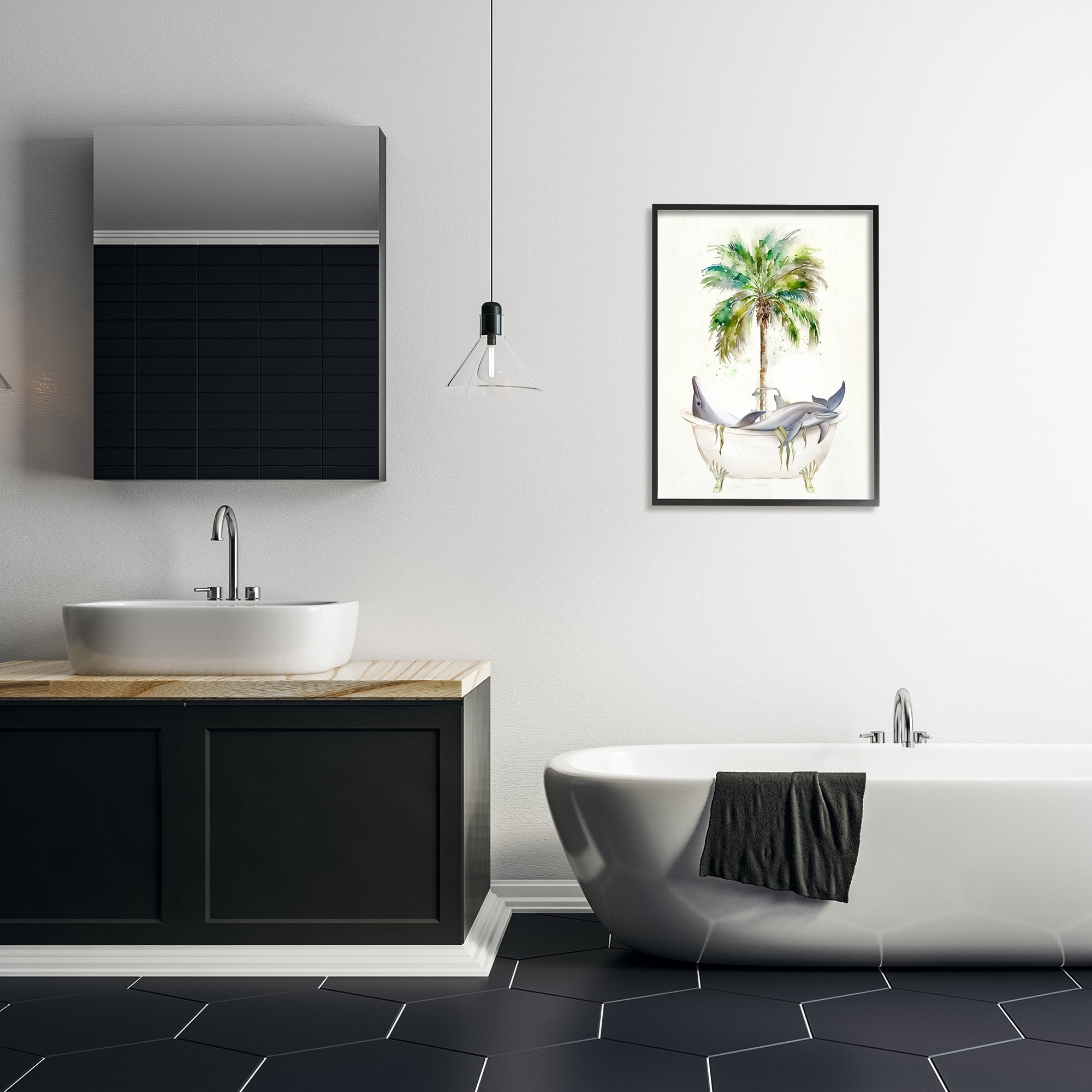 Stupell Tropical Dolphins Bathroom Tub Animals & Insects Painting Black Framed Art Print Wall Art