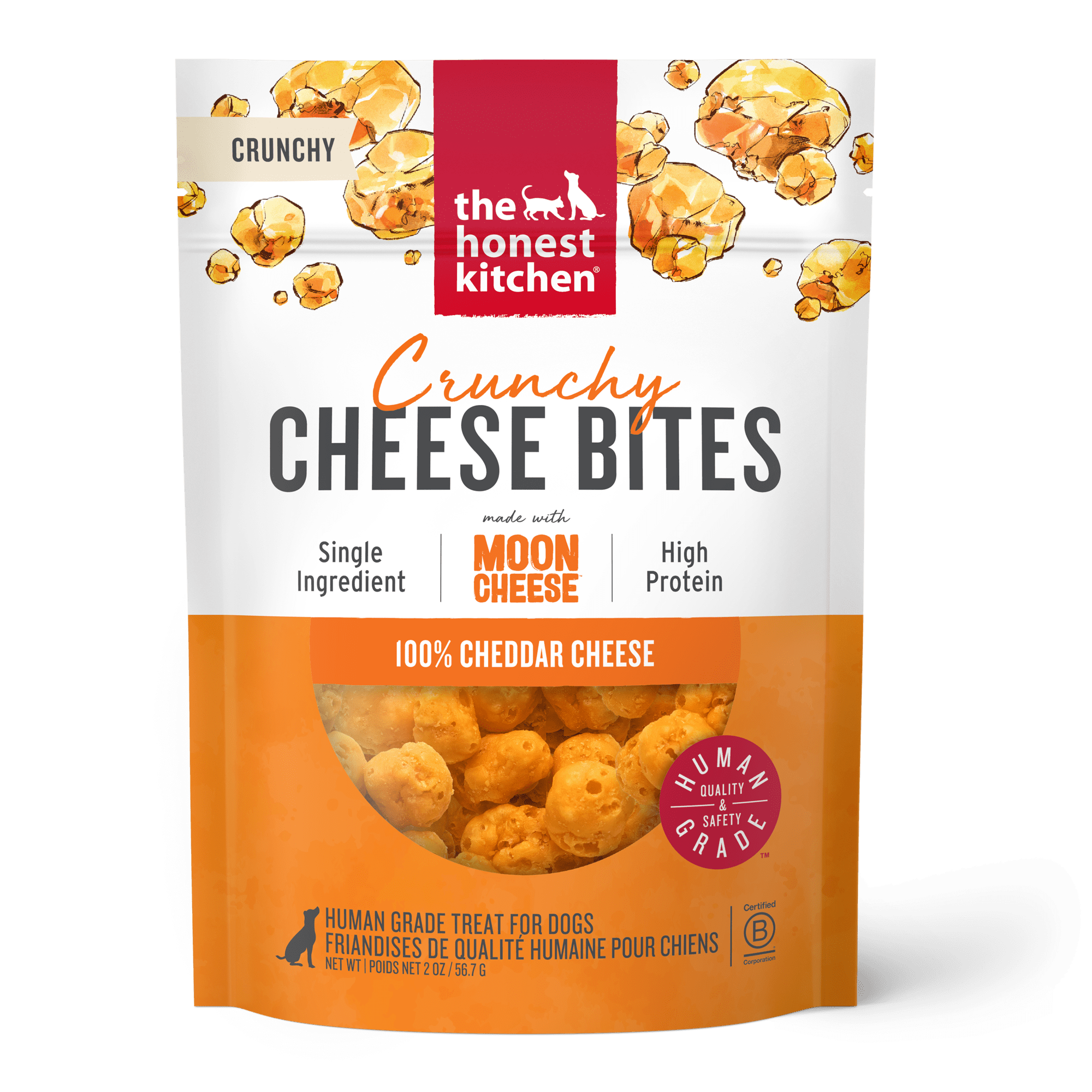 The Honest Kitchen Cheese Bites Cheddar Dog Treats, Human Grade High Protein Low Calorie Crunchy Training Treats for Small Dogs, Made in USA with Real Cheese, Savory Rewards, 2 oz Pouch