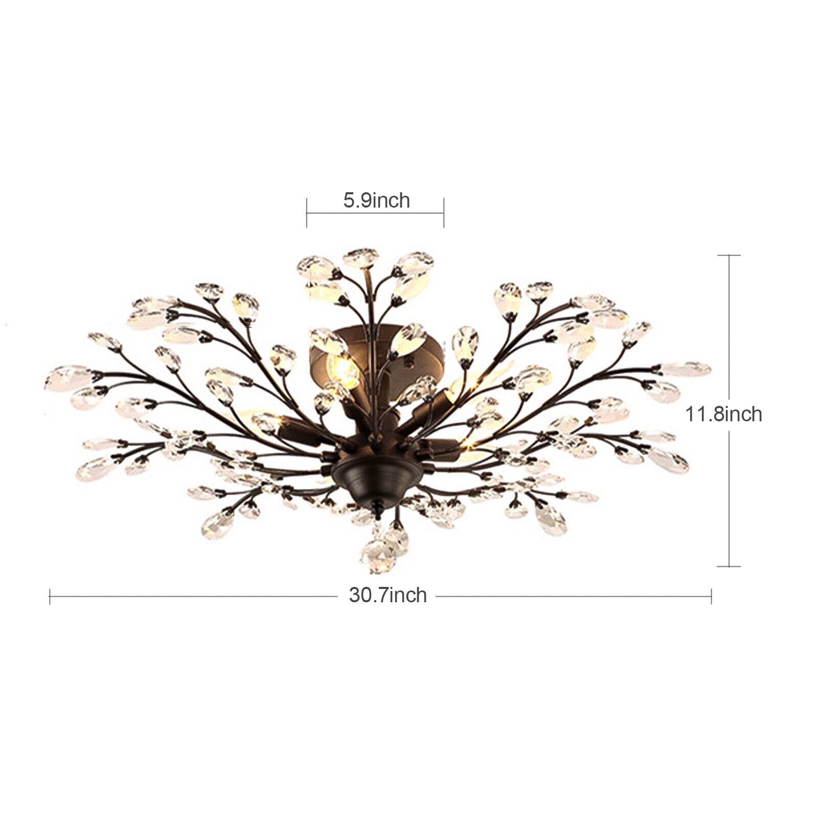 Crystal Chandelier Lighting, Metallic Paint Branches Crystal Chandelier Fixture with 5 Lights, Modern Black Semi Flush Mount Ceiling Light Fixture for Bedroom Living Room