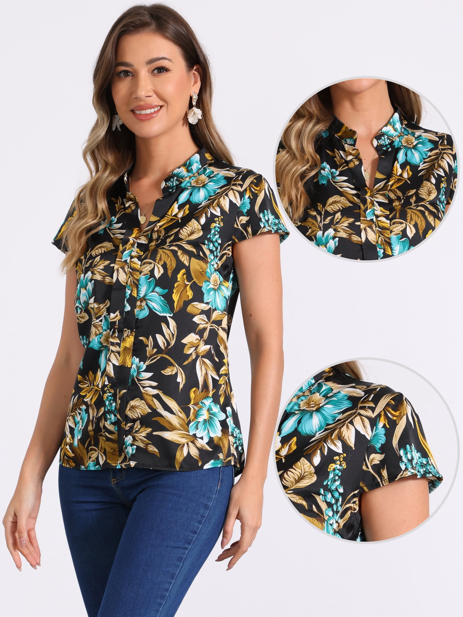DARING DIVA Stand Collar Floral Silky Work Blouse Top Navy Blue XS L Black