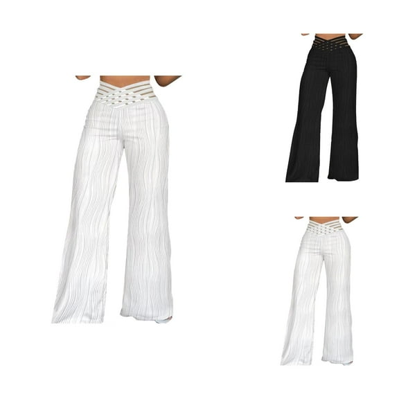 Women Solid Casual Hollow Mesh High Waisted Wide Leg Pants Elastic Waist Loose Pants Womens Summer Pants