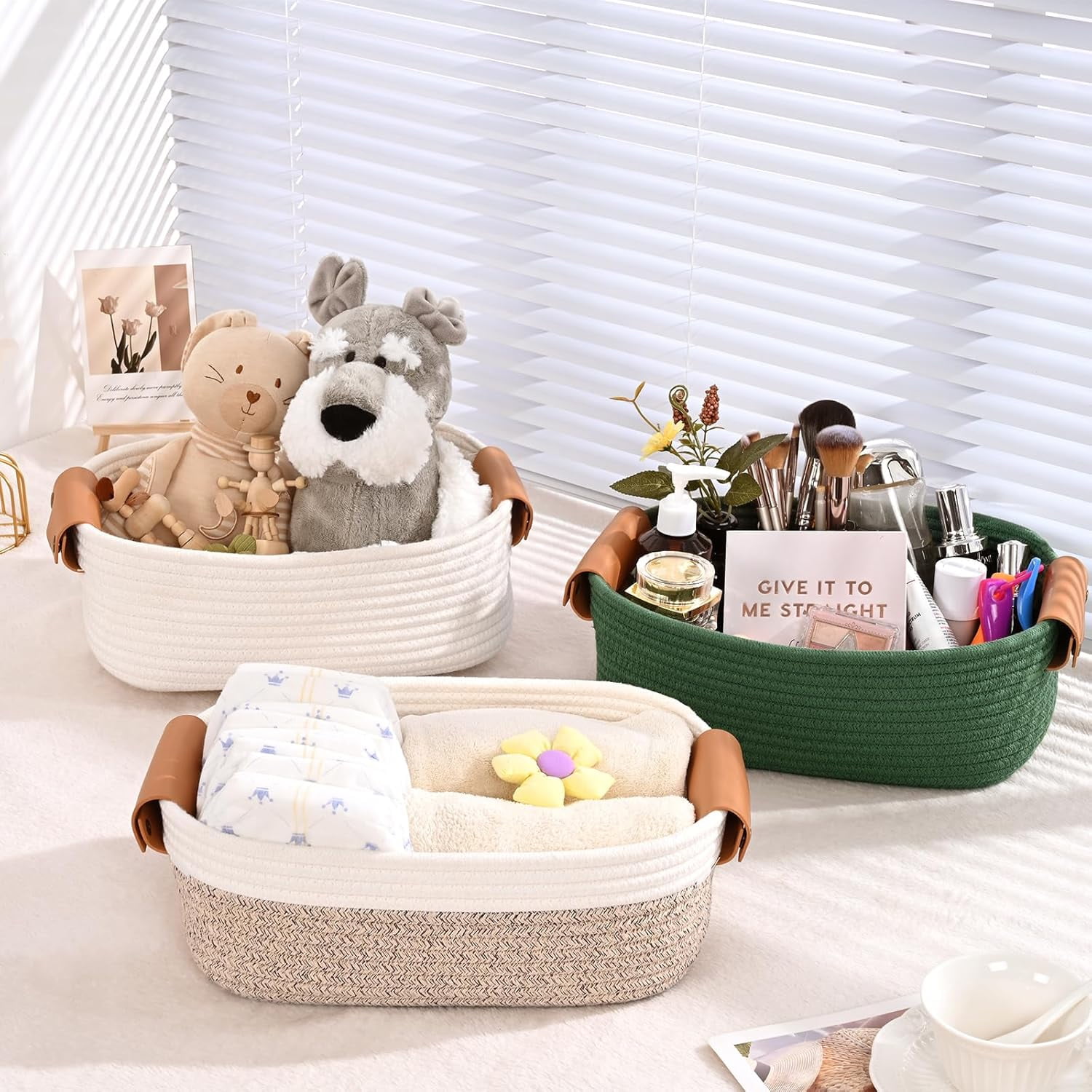 Natubeau Set of 6 Storage Basket for Organizing, Including 4 with Leather Handles & 2 Small Gifts Baskets, Rectangle Bins for Shelves, Brown & White
