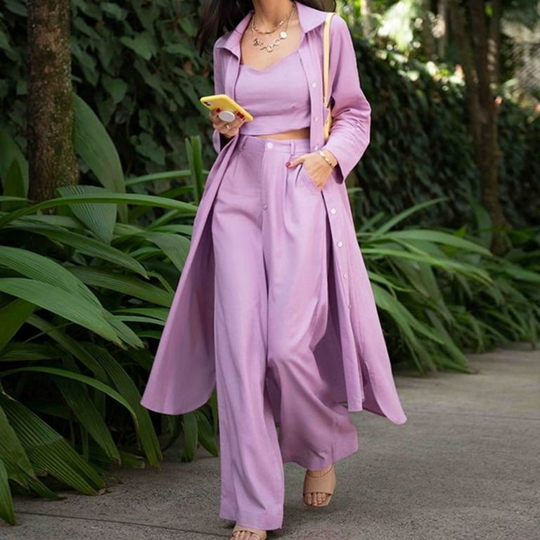 REORIAFEE Outfits for Women 2 Piece Sets Set Comfy Sets Tracksuit Set  Spring Summer Loose Lapel Shirt Wide Leg Pants Color Set Purple XL
