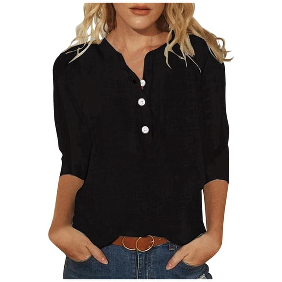 DuoJiaJ Women's Fashion Spring And Summer Solid Color Button V Neck 3/4 Sleeve Casual Breathable T Shirt Top (2) Women’s Plus Size Long Sleeve T-Shirts Black