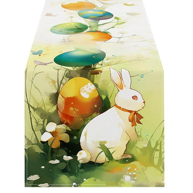 GUANGHONG Easter Table Runner Linen Bunny Print Home Tablecloth Holiday Party Table Decoration Tablecloth Mat A