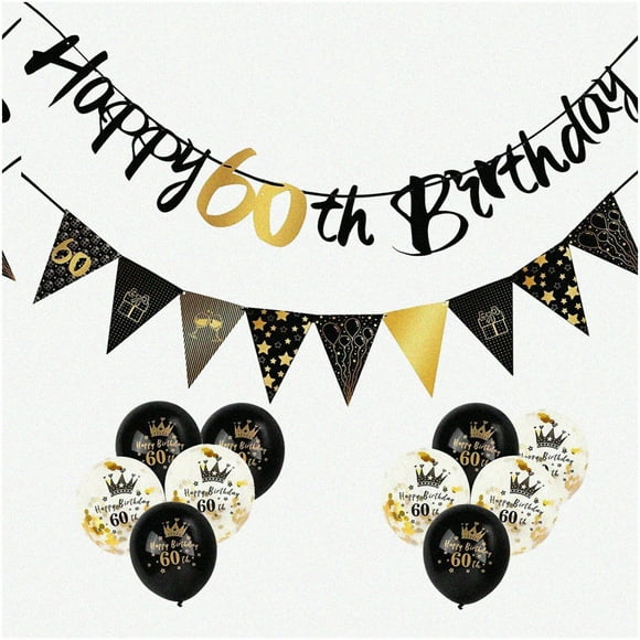 Kit de Célébration Golden Milestone - Ensemble de Décoration Élégant pour 60e Anniversaire avec Bannière, Drapeaux Triangulaires, Guirlande, Ballons - Parfait pour Hommes, Femmes, et Fêtes de 60e Anniversaire!