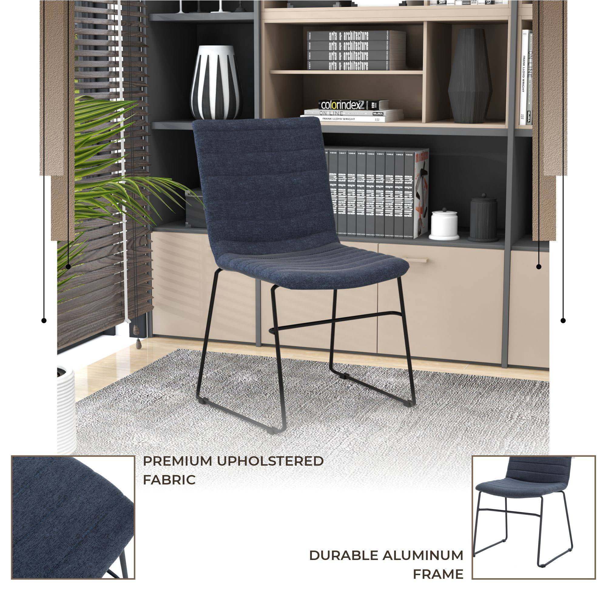 LeisureMod Ergonomic Office Chair Upholstered Guest Side Chair Padded Seat and Back Desk Chair with Powder-Coated Stainless Steel Base Zylar Collection in Dark Blue
