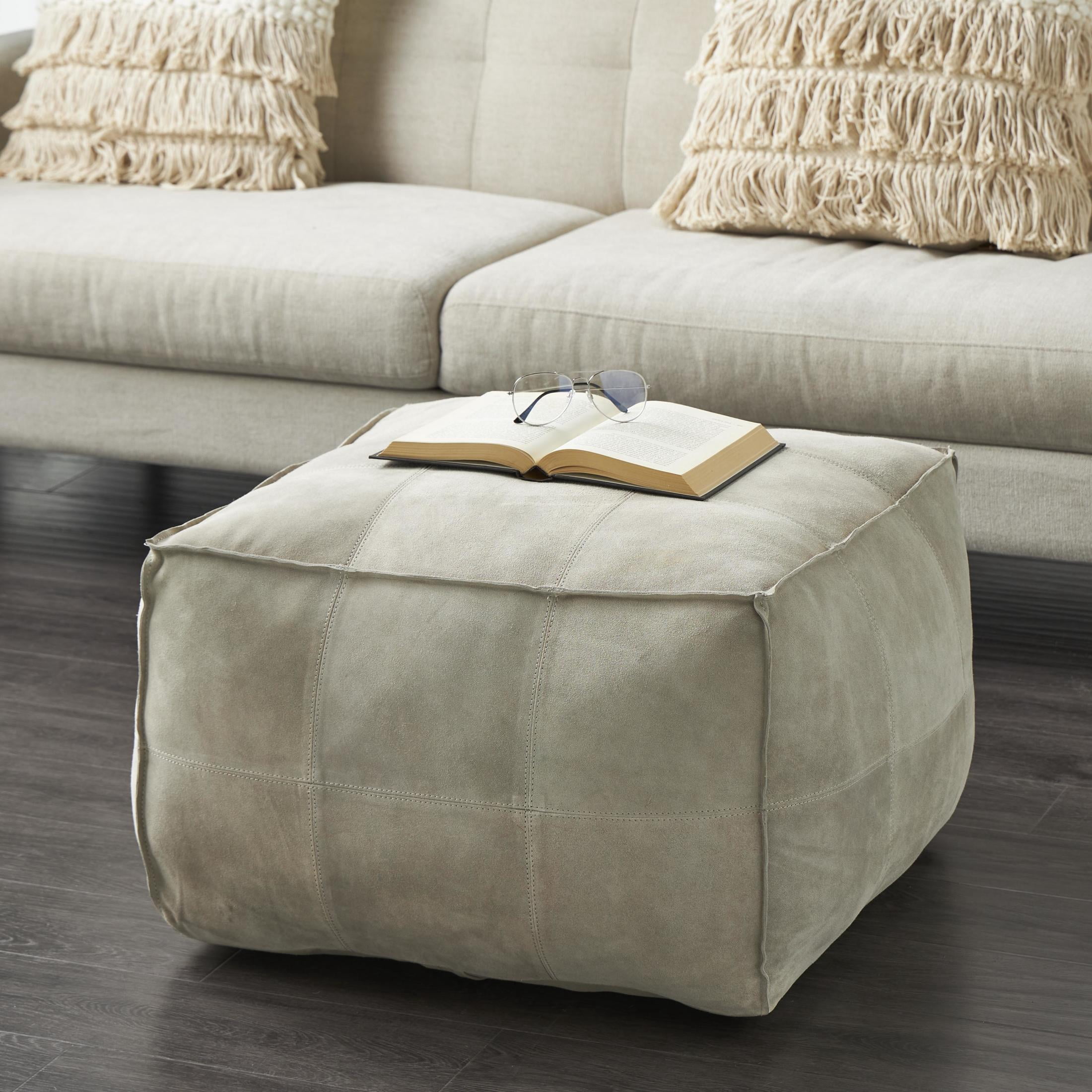 DecMode Patchwork Low Profile Square Gray Leather Pouf with Patchwork Design