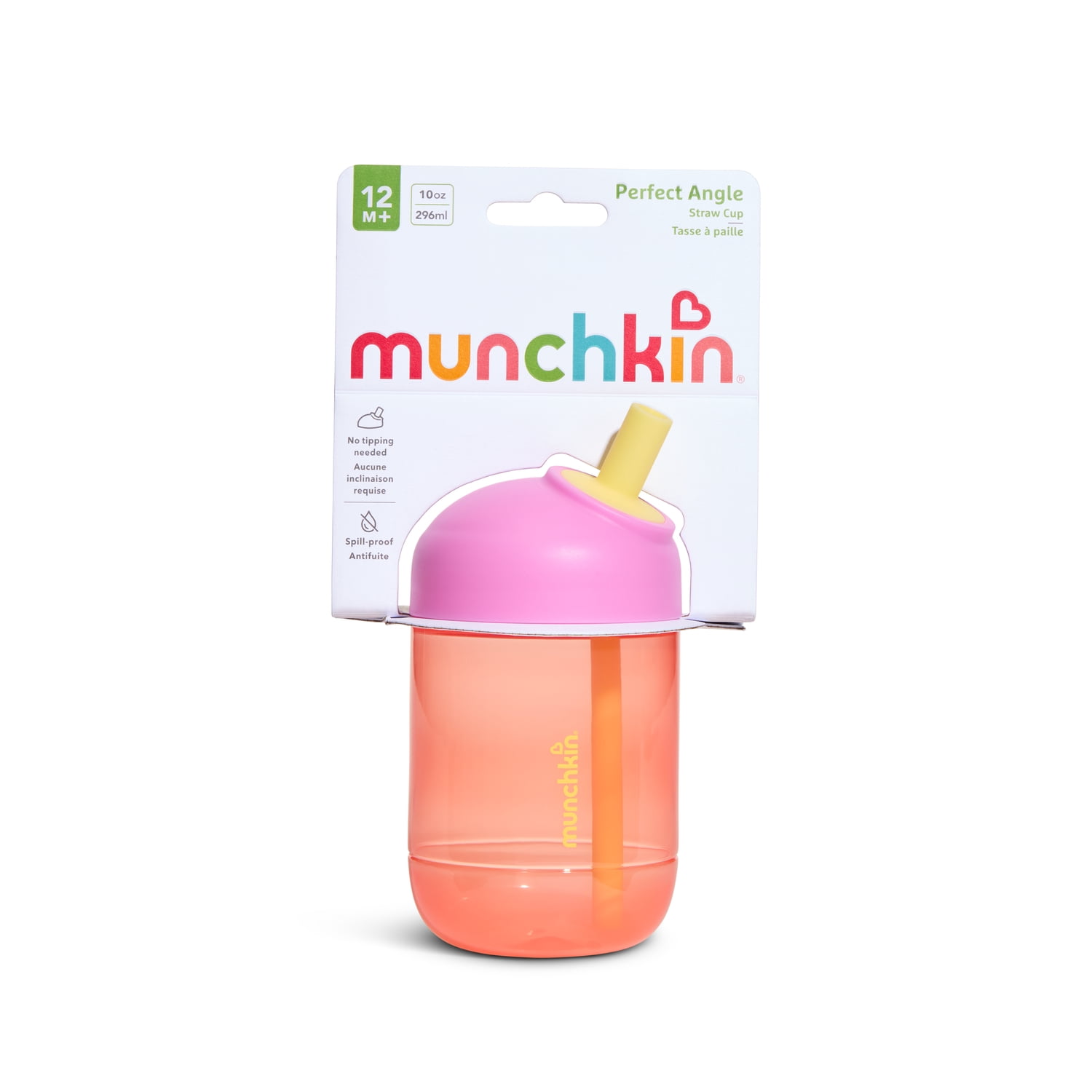 Munchkin® Perfect Angle Straw Cup - Spill-Proof Cup for Toddlers with Soft, Angled Straw, 10oz Coral