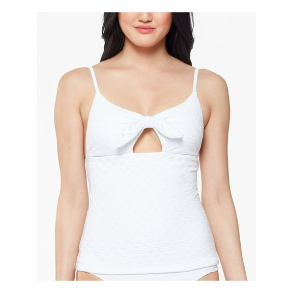 JESSICA SIMPSON Women's White Eyelet Tie Front Removable Cups Cutout Adjustable Sweet Tooth Solids Scoop Neck Tankini Swimsuit Top S