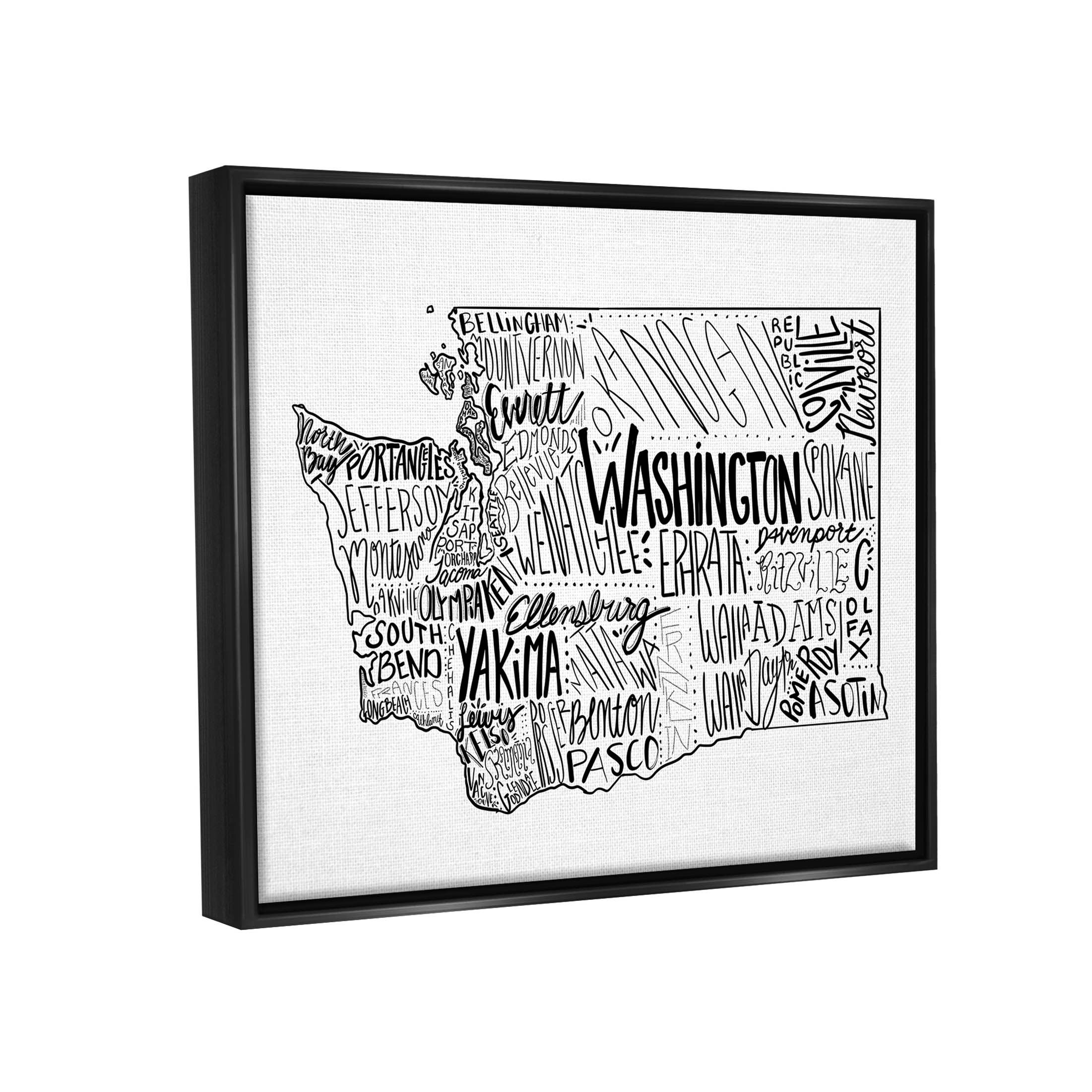 Stupell Industries Washington State Cities Text Graphic Art Jet Black Floating Framed Canvas Print Wall Art, Design by The Saturday Evening Post