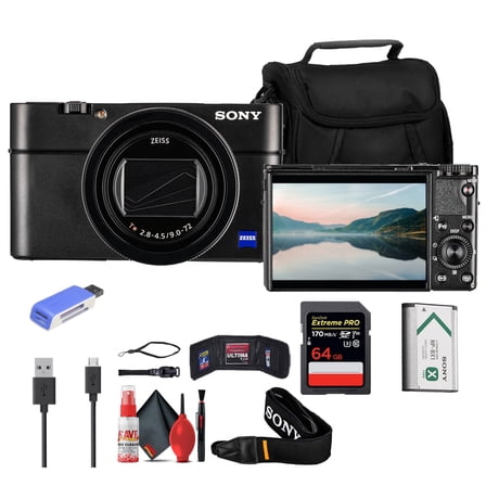 Sony Cyber-shot RX100 VII Compact Camera (DSC-RX100M7) 20.1MP 1.0-Type Stacked CMOS Sensor | 64GB Memory Card Case Card Reader Flex Tripod Memory Wallet Cleaning Kit International Model