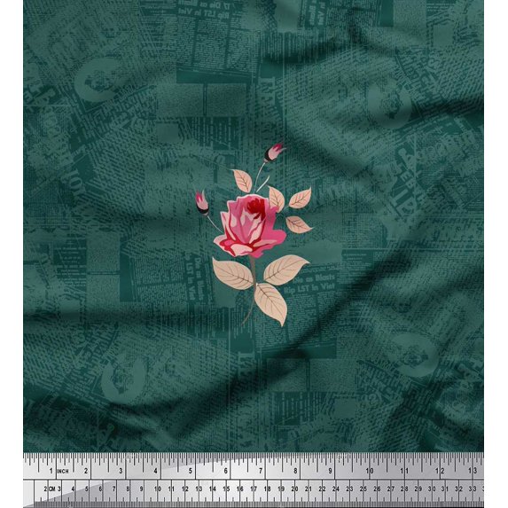 Soimoi Cotton Voile Fabric Texture,Leaves & Rose Flower Decor Fabric Printed Yard 56 Inch Wide