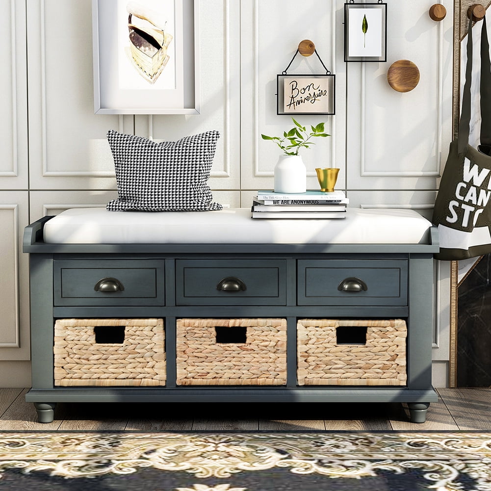 Lowestbest Shoe Bench with Removable Cushion, Rustic Storage Bench with 3 Drawers and 3 Rattan Baskets (Navy) Lowestbest Shoe Bench with Removable Cushion, Rustic Storage Bench with 3 Drawers and 3 Rattan Baskets (Navy)