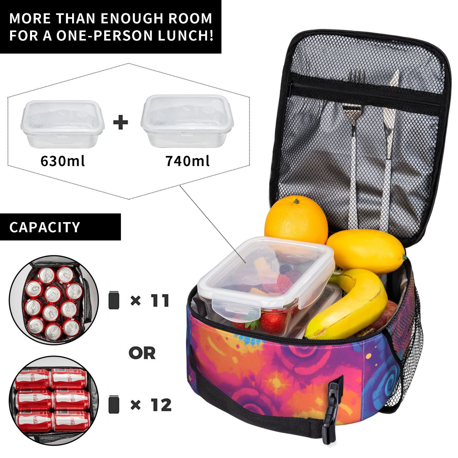 Lunch Bag For Women Men Insulated Portable Lunch Box Bento Box Office Picnic Travel Cooler Bag Palevioletred Tie-Dye Background Vibrant Colors And Swirling (2)