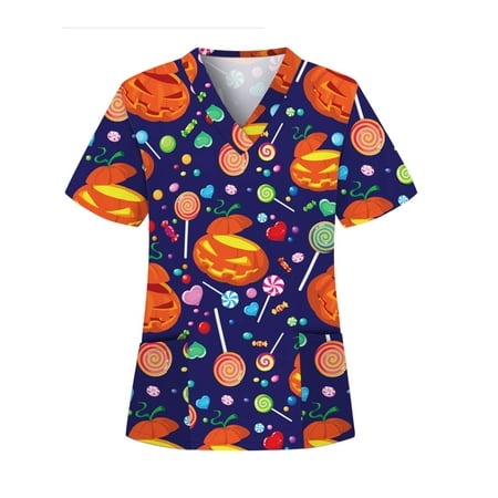 

CUE AIR Women Casual Tunic Shirts Halloween Cartoon Print Loose V Neck Scrub Tops Workwear Short Sleeve Pullover Top Shirts