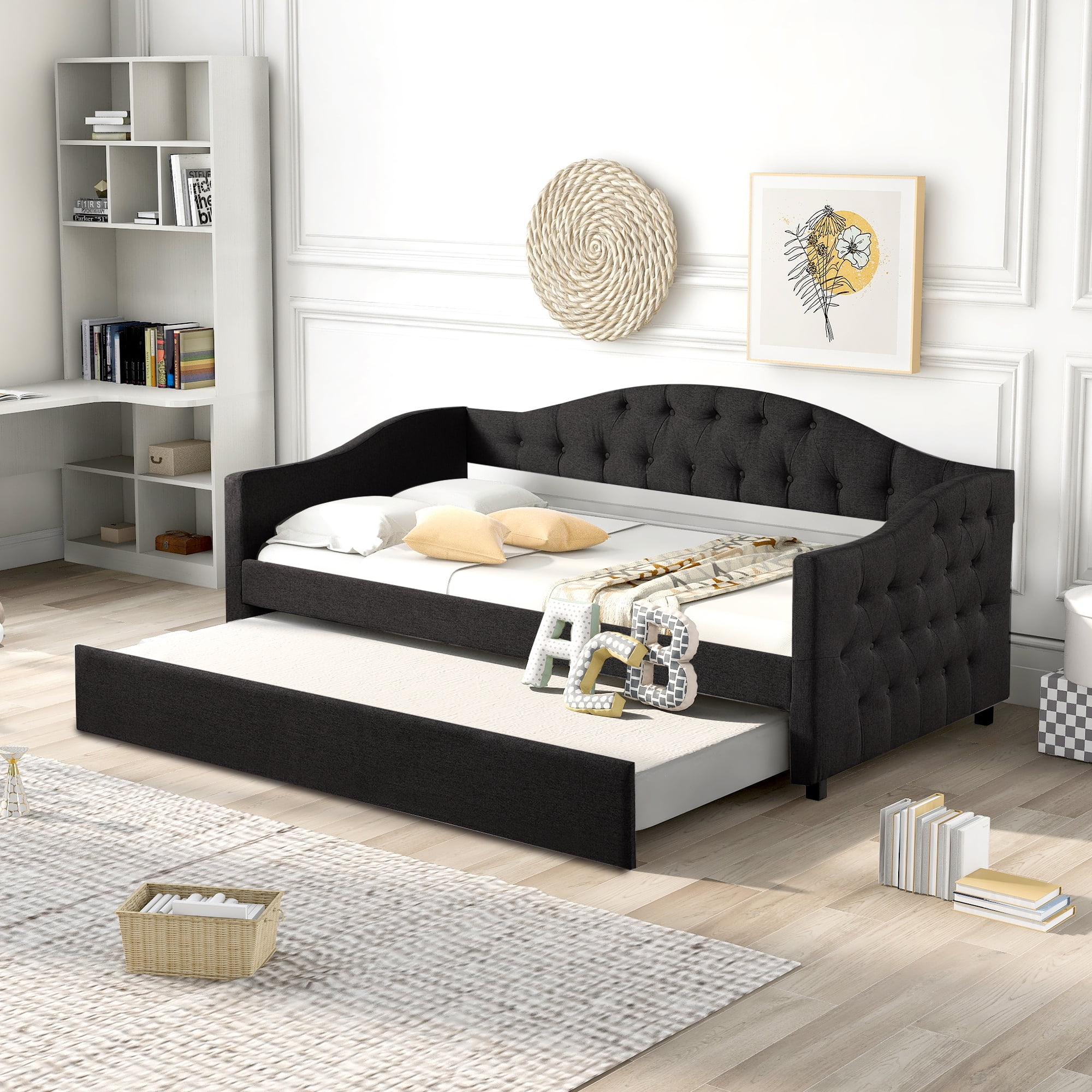 Twin Size Upholstered Daybed with Trundle, Wood Frame Sofa Bed for Kids ...
