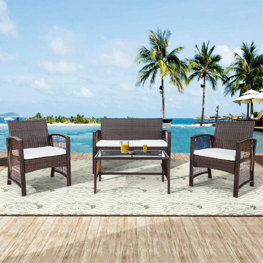 4 Pieces Rattan Chair Wicker Set, Outdoor Patio Furniture Sets Clearance with Two Single Sofa, One Loveseat, Tempered Glass Table, Backyard Porch Garden Poolside Balcony Furniture Sets, Q8553 - image 2 of 12