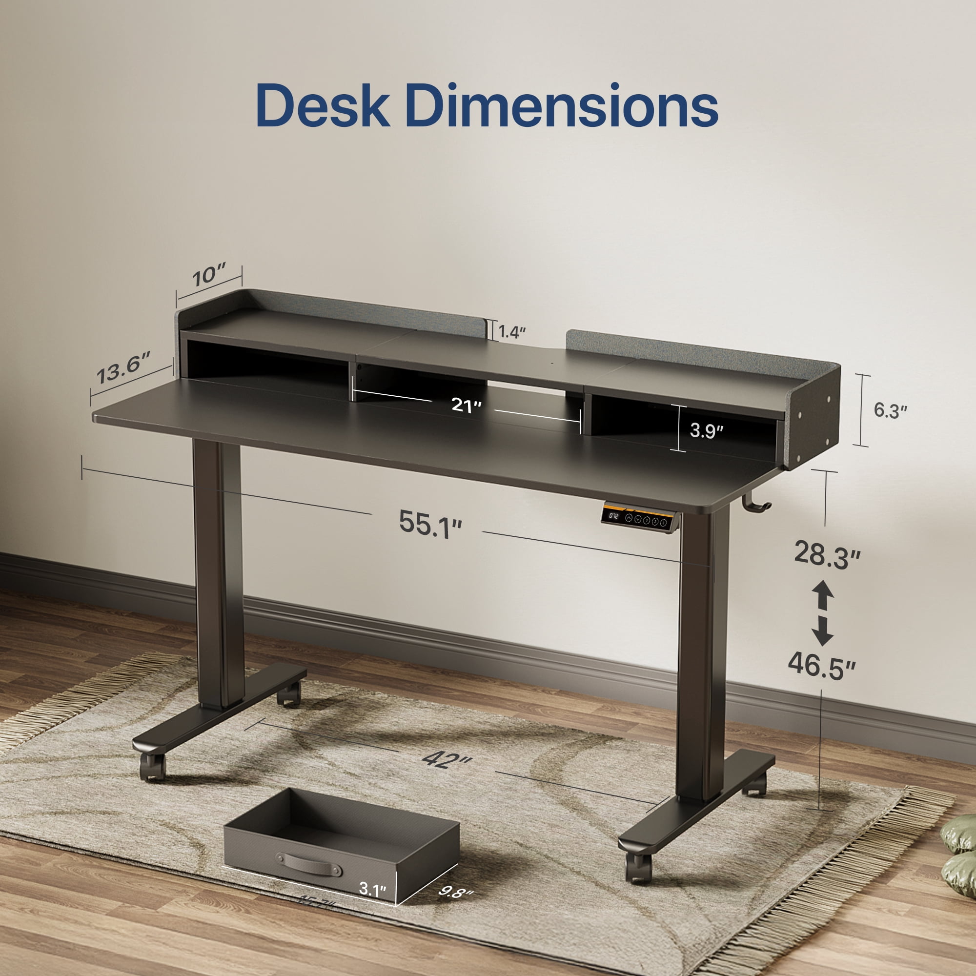 INNOVAR 55" Adjustable Standing Desk with 2 Storage Drawers, Height Adjust Mobile Stand up and Down Desk,Electric Sit-Stand Large Work Desk with 4 Wheels Rising Computer Table for Office Home,Black