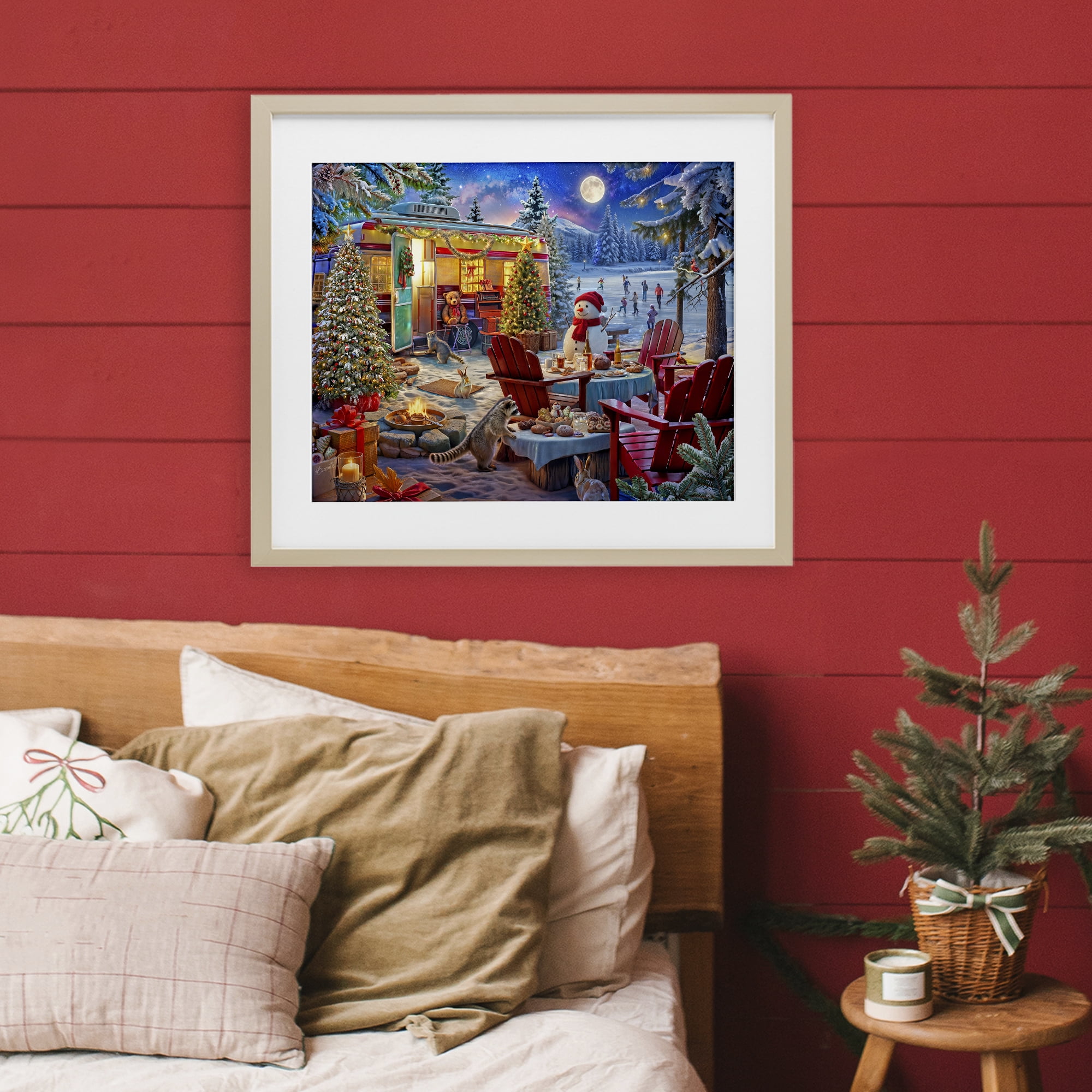 Winter Holiday Camper Party Birch Framed Print Under Glass, design by Henriette Chinaglia
