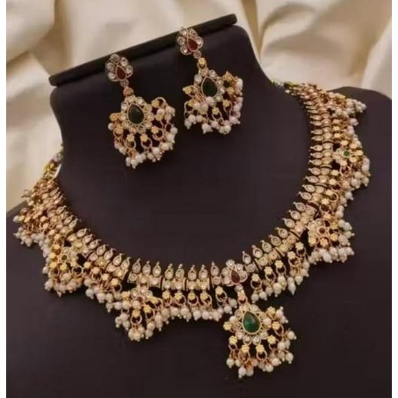 Gold-Plated Kundan Bridal Necklace Set with Green & Red Stone Earrings for Women