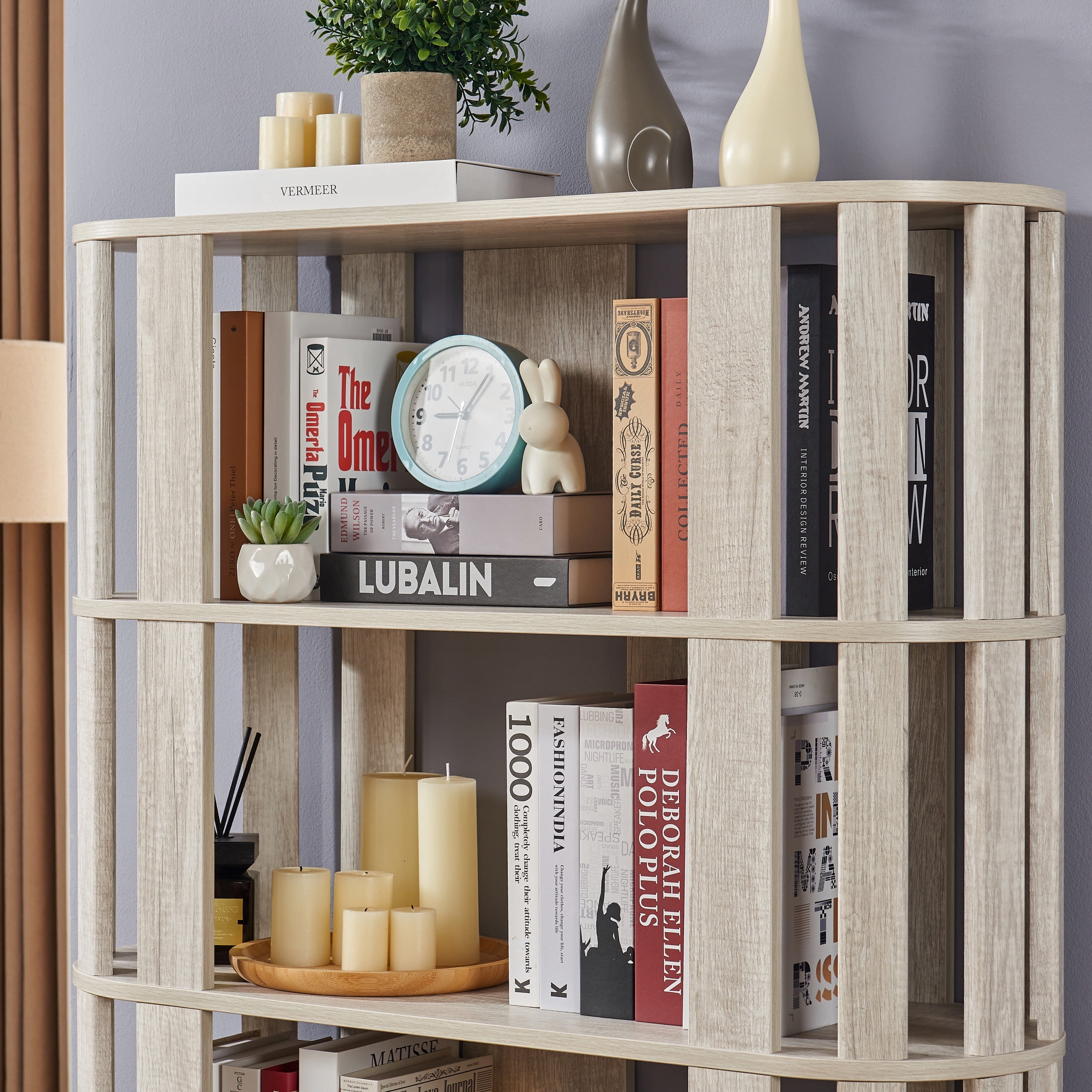 GDF Studio Lexair 5-Tier Wooden Oval Open Bookshelf with Curved Grid Frame, Storage Display Bookcase Rack, Light Gray