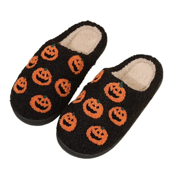 Fuzzy Slippers For Women Couples Winter Halloween Pumpkin Pattern Cotton Slippers Men Comfortable Home Warm Slippers Warm Cozy Winter House Slippers Bedroom Indoor House Shoes