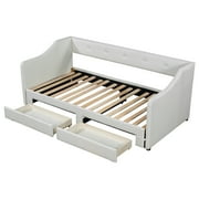 Euroco Upholstered Twin XL to King Size Daybed, Sofa Bed with Trundle and 2 Drawers, Beige
