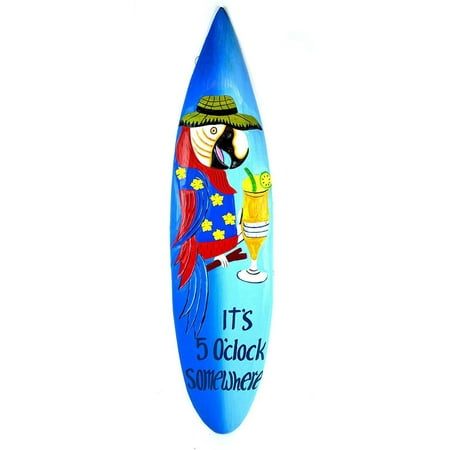 Its Five O'clock Somewhere Parrot Drinking Cocktail Surfboard Sign Hand Carved Out of Wood