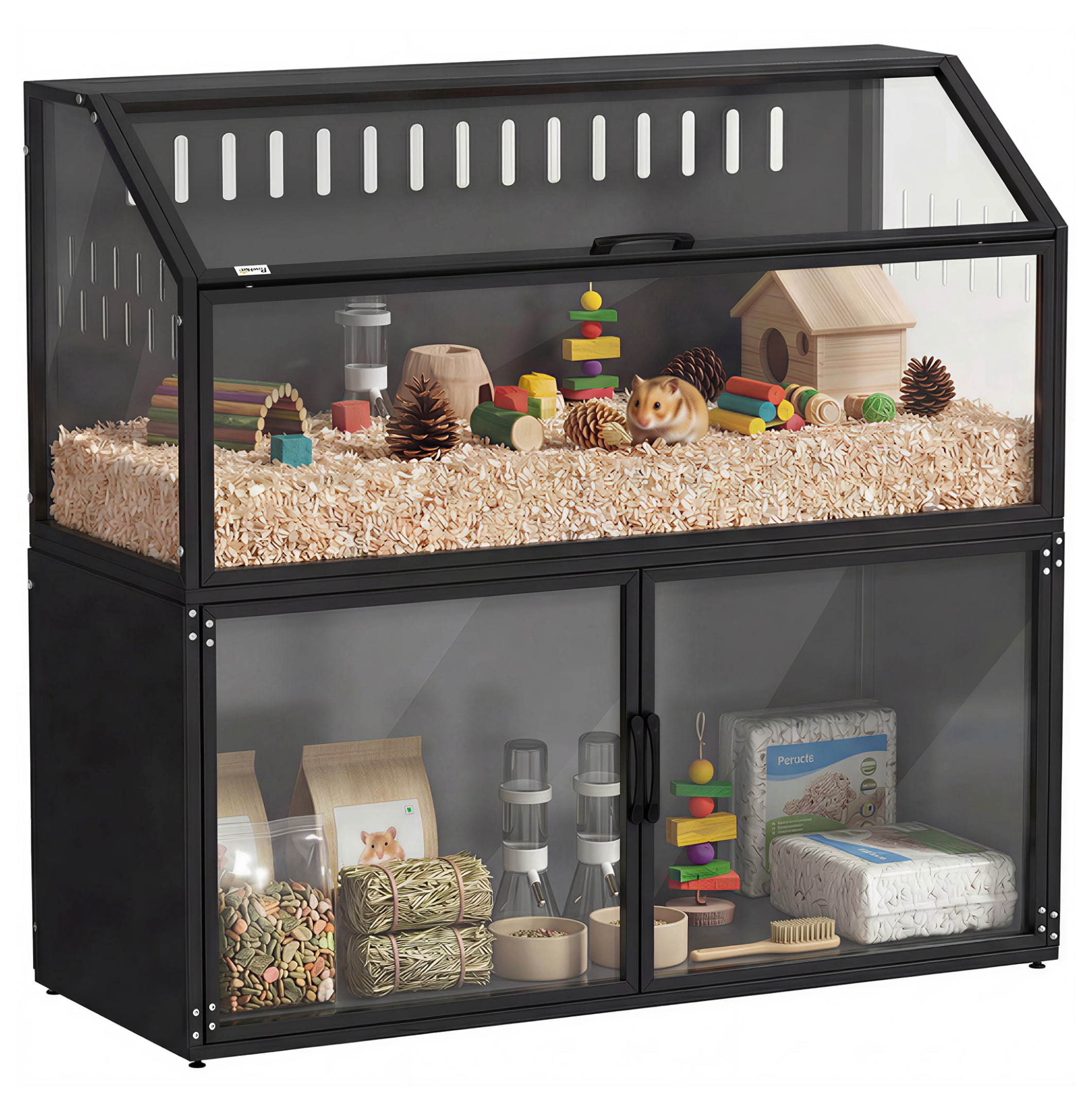 Hamster Cage with Storage, Small Animal Habitat - Guinea Pig, Gerbil, Mouse Cage with Acrylic Panels & Top Open, Black