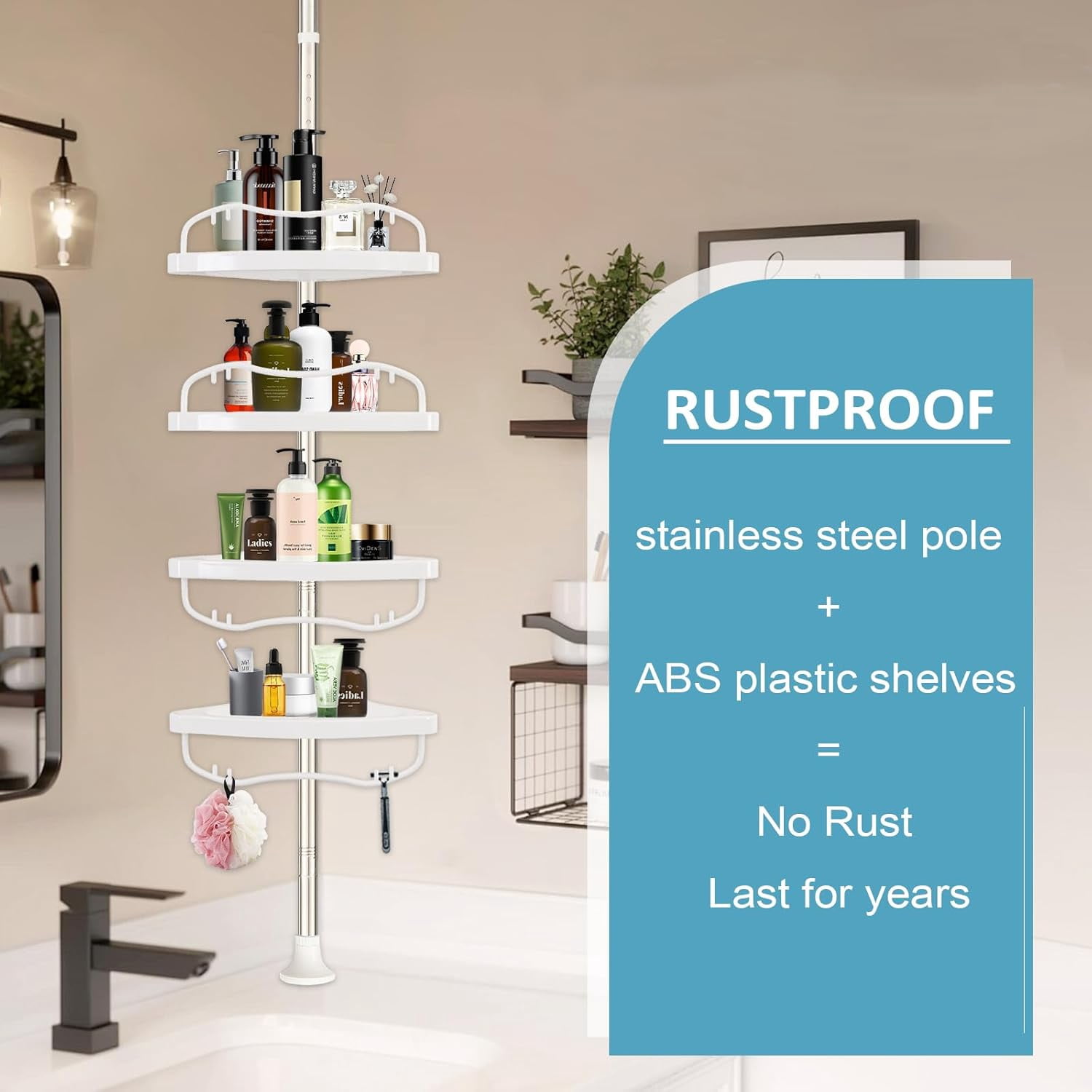 Shower Caddy Corner, No Drilling Rustproof Bathtub Shower Storage Organizer for Bathroom,4-Tier Adjustable Shelves with Tension Pole, White