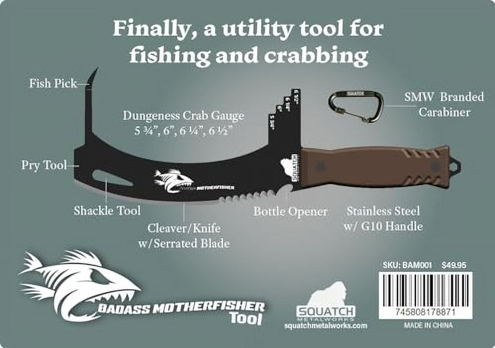 BADASS MOTHERFISHER - Dungeness Crab Gauge - Stainless Steel Multitool for Crabbing and Fishing - Includes Fish Pick, Pry Tool, Shackle Tool, Cleaver - by SQUATCH METALWORKS
