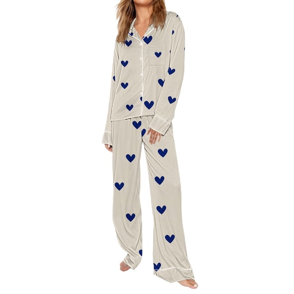 VISALY Womens Valentines Pajamas Heart Parinted Button Down Sleepwear Lounge Set Nightwear Comfy Pajamas Fall Pajamas Soft Warm Pajamas Comfy Sets Matching Sets Lounge Sets Loungewear Blue L