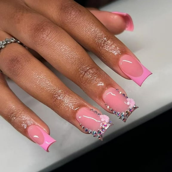 French Tip Press on Nails Short Square Fake Nails Stripe Glue on Nails with Rhinestone Bow Design Glossy Stick on Nails Artificial Acrylic Full Cover Water Drop False Nails for Women Manicure 24Pcs