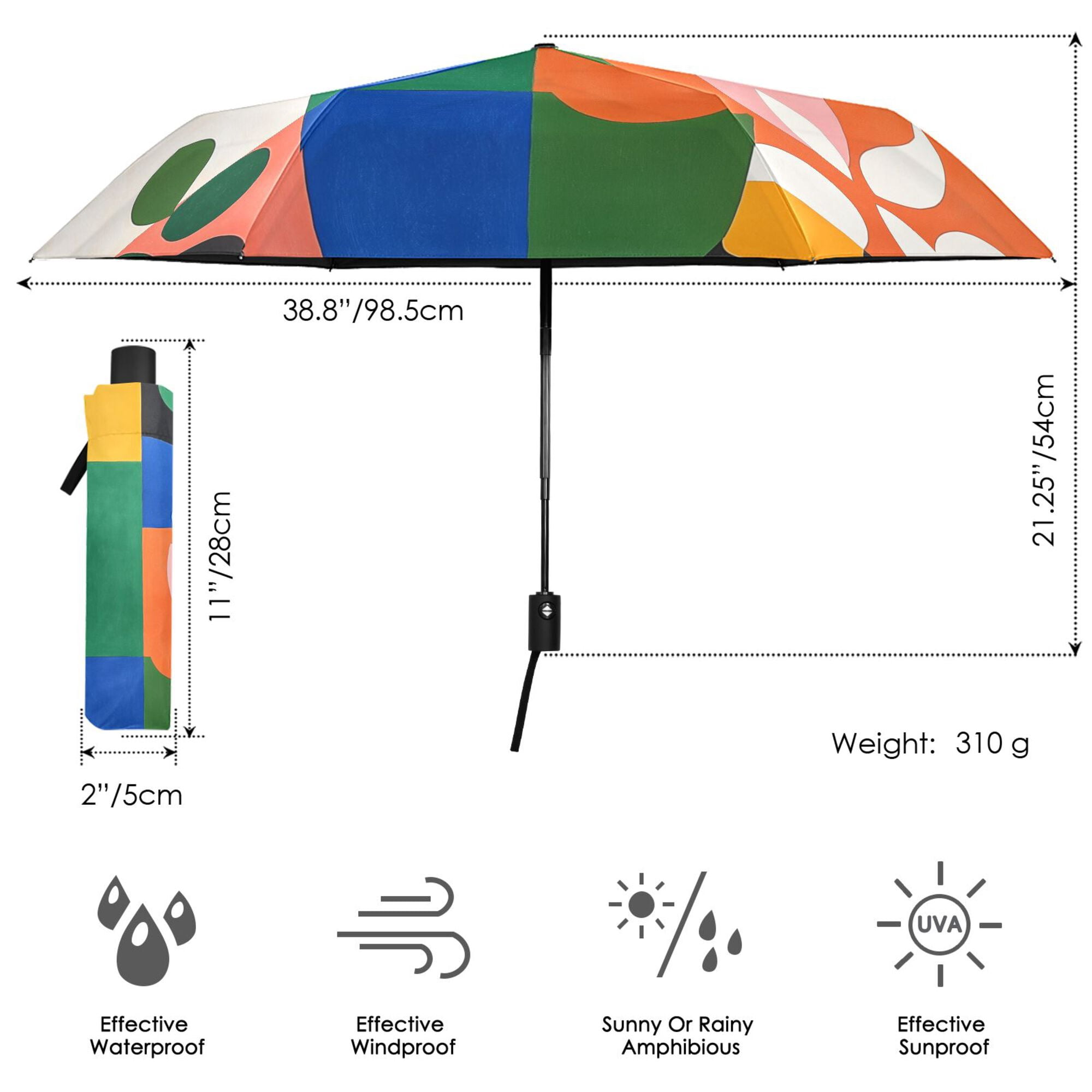 FORMRS Travel Umbrella Folding Auto Open Close Windproof Rain UV Protection, Abstract Plants