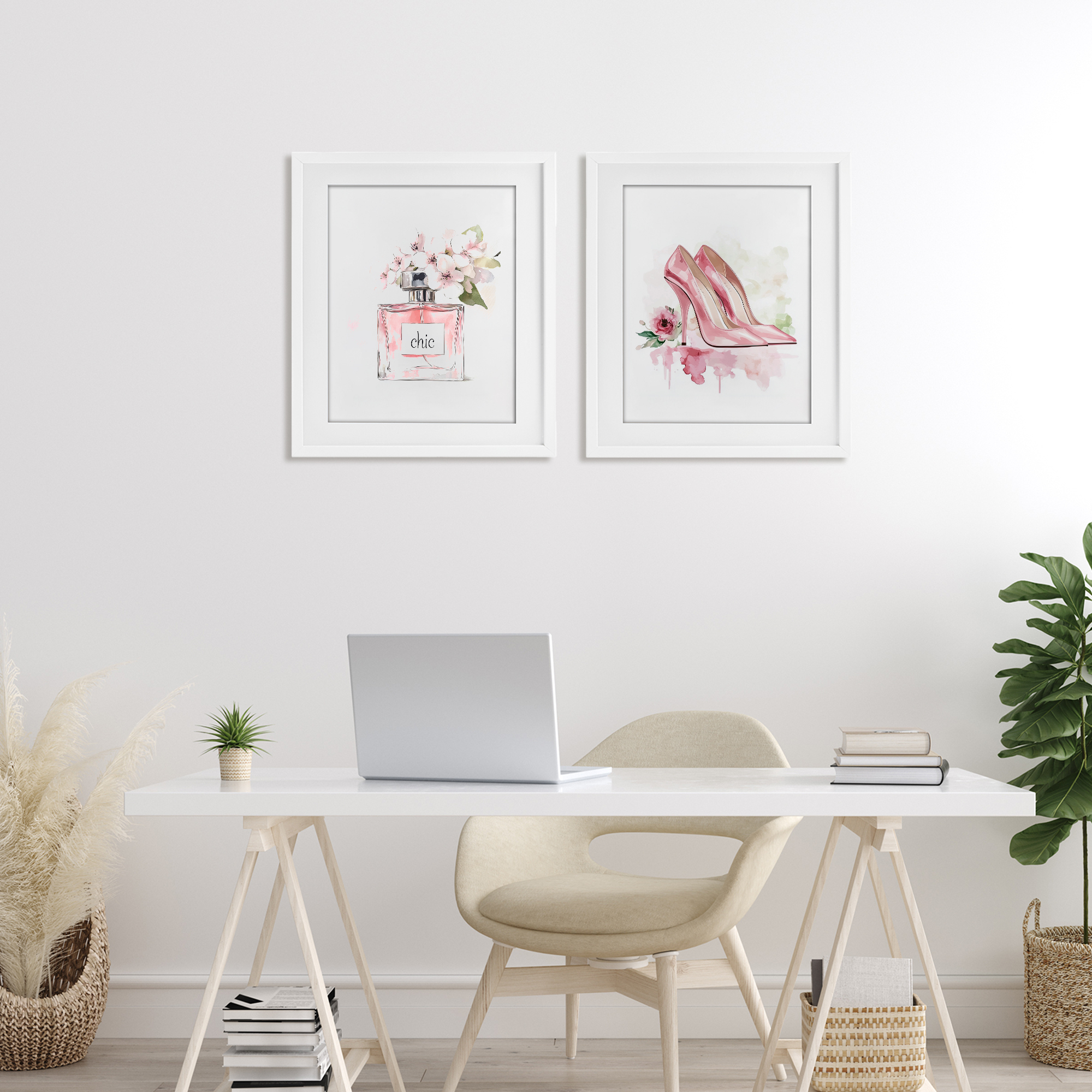 Rosy Pastel Perfume & Heels 2 Piece White Framed Print Under Glass Set, design by Christine Simpson Art