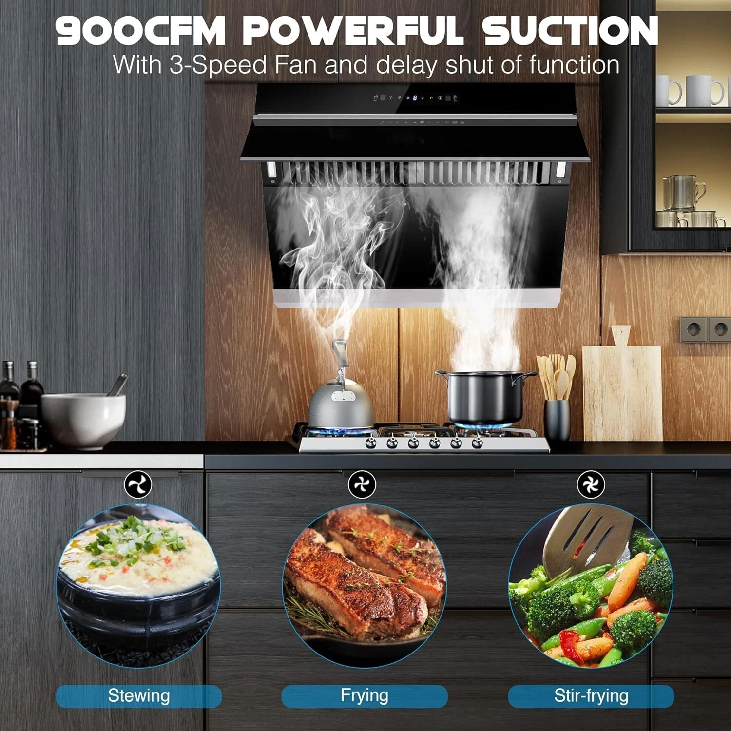 30 inch Under Cabinet Range Hood 900CFM Wall Mount Kitchen Hood 900 CFM with Heating Auto-cleaning Function Gesture& Touch Control,Tempered Glass Surface Vent Hood 3 Speed Exhaust Fan,Baffle Filters