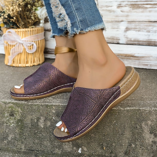 Bmisegm Ladies Summer Retro Pure Colour Slope Heel Thick Bottom Fish Mouth Big Size Sandal Slippers Summer Purple 7