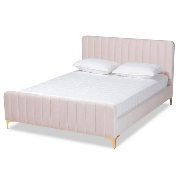 Bowery Hill Pink Fabric Upholstered and Gold Finished Queen Size Platform Bed