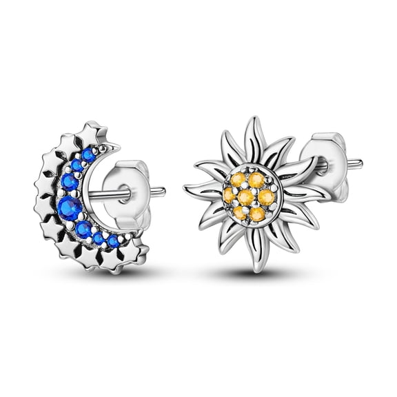 MULA 925 Sterling Silver Sun Moon Stars Stud Earrings, 11mm Dainty Sparkling AAA CZ Women's Jewelry Gift for Her