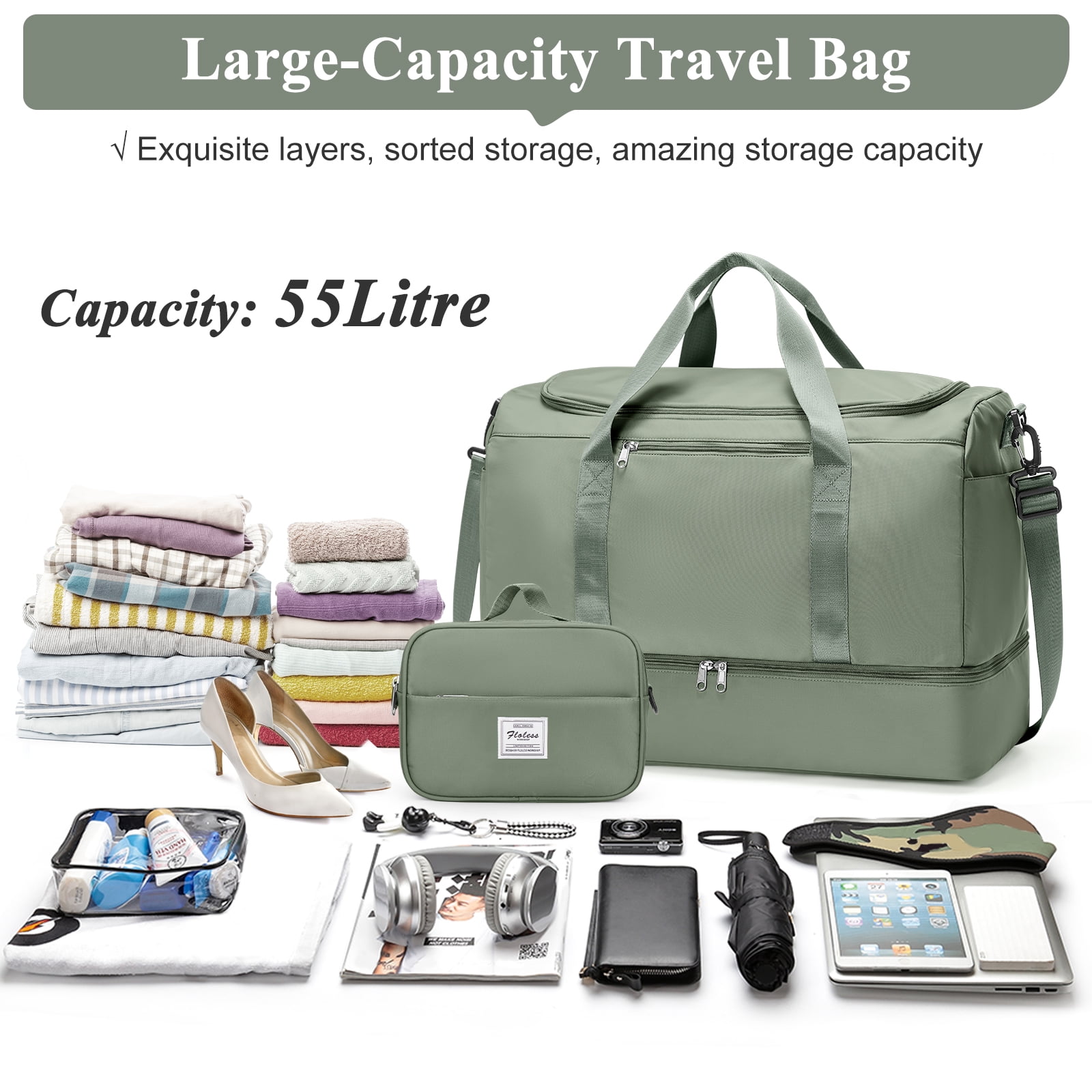 SYCNB Large Travel Duffel Bag, Weekender Overnight Bag for Women, Gym Tote Bag with Shoe Compartment & Toiletry Bag, Carry-On Weekend Bag for Women with Wet Pocket for Travel Business, Green