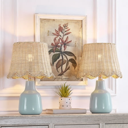Maxax Blue Ceramic Table Lamps Set of 2, Farmhouse 16.5" Bedside Lamps with Rattan Shades for Living Room, Bedroom, End Table, or Office