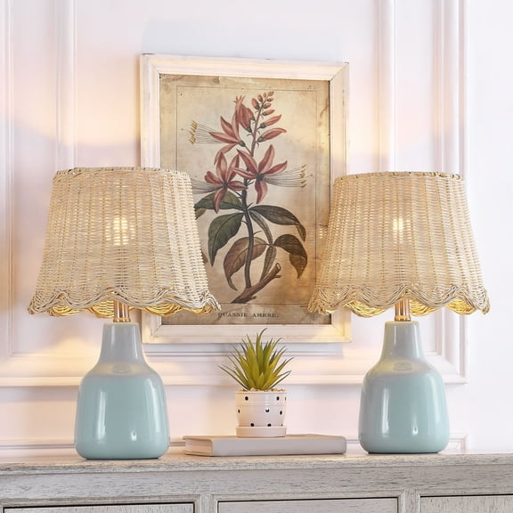 Maxax Blue Ceramic Table Lamps Set of 2, Farmhouse 16.5" Bedside Lamps with Rattan Shades for Living Room, Bedroom, End Table, or Office