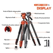 Fotopro X-Airfly Video 64.6 Carbon Fiber Tripod with Ball Head & Fluid Head, 5-Sec Lightweight Compact Camera Tripod Stand for Travel, Low Angel Shooting, Hidden Phone Clip, Max Load 10 lbs, Orange