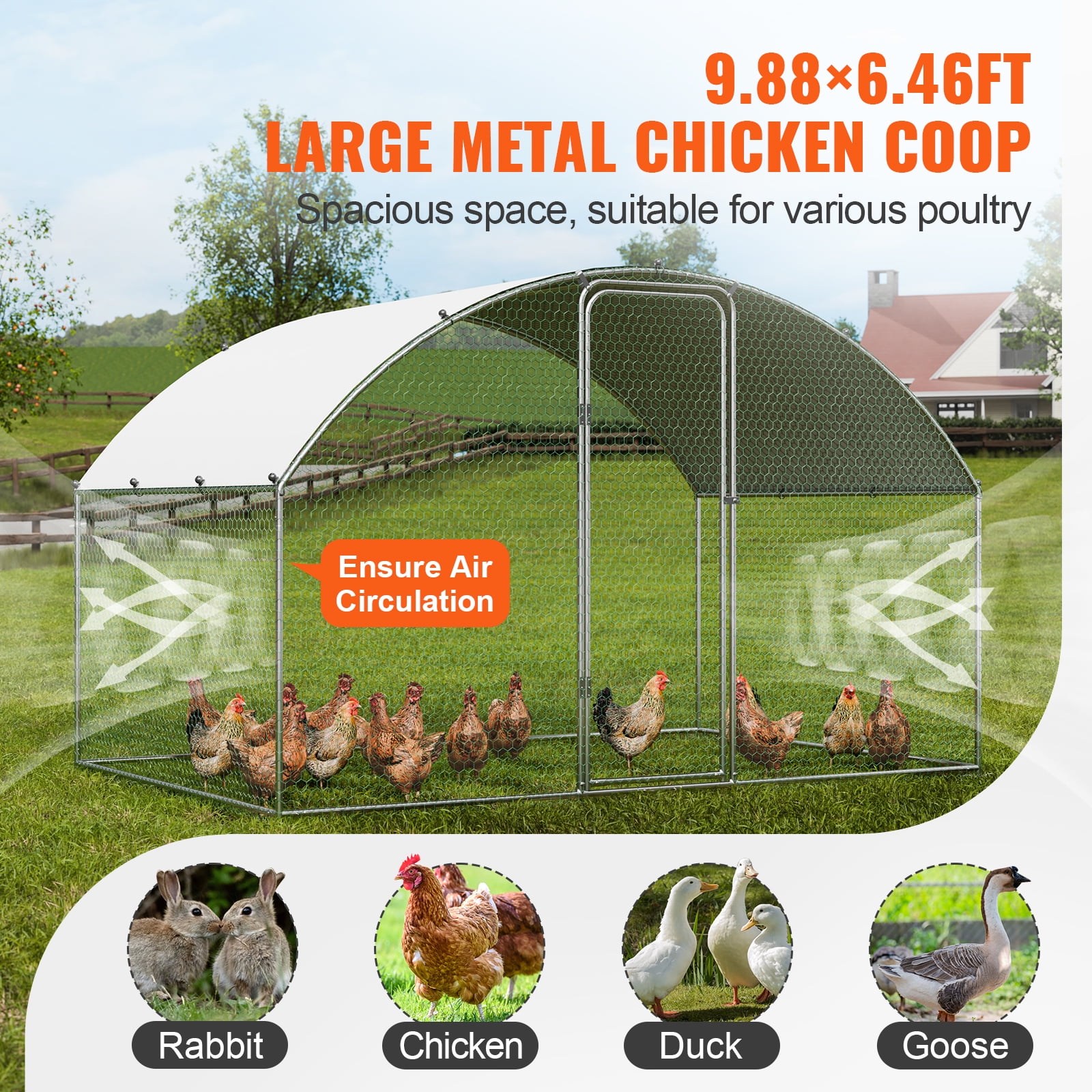 KFFKFF Metal Chicken Coop 9.8 x 6.5 x 6.5 ft Dome Roof Poultry Cage Chicken Run with Waterproof Cover Large Outdoor Walk in Chicken Coop Cage for Backyard, Farm